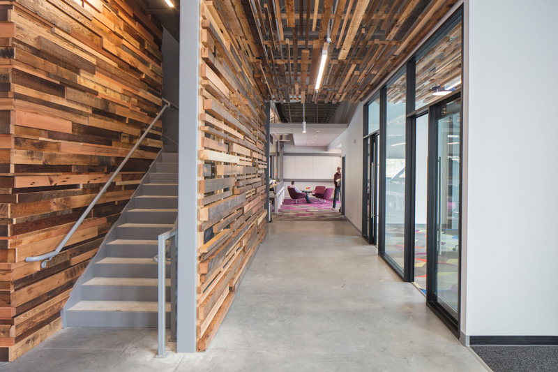 Reclaimed Wood Wall Ceiling Paneling In Workspace